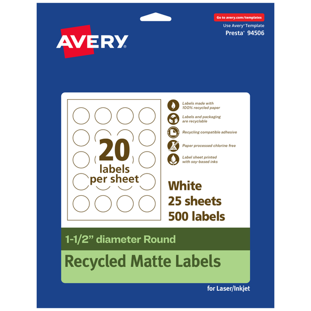 AVERY PRODUCTS CORPORATION 94506-EWMP25 Avery Recycled Paper Labels, 94506-EWMP25, Round, 1-1/2in diameter, White, Pack Of 500 AVERY PRODUCTS CORPORATION 94506-EWMP25 Avery Recycled Paper Labels, 94506-EWMP25, Round, 1-1/2in diameter, White, Pack Of 500