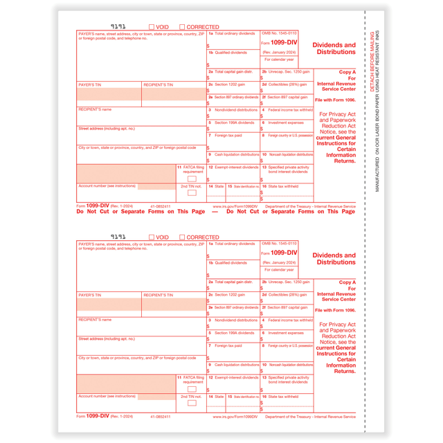 R & R VENTURES 51302524 ComplyRight 1099-DIV Tax Forms, 2-Up, Federal Copy A, Laser, 8-1/2in x 11in, Pack Of 50 Forms
