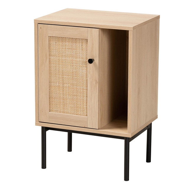 WHOLESALE INTERIORS, INC. 2721-13220 Baxton Studio Sherwin Mid-Century Modern 1-Door Cabinet With Woven Rattan Accent, Light Brown/Black WHOLESALE INTERIORS, INC. 2721-13220 Baxton Studio Sherwin Mid-Century Modern 1-Door Cabinet With Woven Rattan Accent, Light Brown/Black