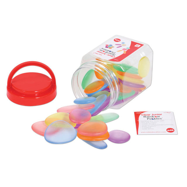 Introduce toddlers to STEAM concepts with the Edx Education Junior Rainbow Pebbles. These pebbles will inspire patterns, light and color exploration with their grippy textures and odd shapes.  Clear colored pebbles with a smooth, grippy texture and odd shapes are ideal for use on a light panel.  Stacking designs.  Sizes range from 1-5/8in to 2-15/16in.  Packaged in a convenient carry jar with lid and handle.  Includes an activity guide.  For kids ages 18 months+.