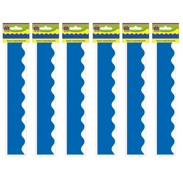 Create a unique bulletin board theme with the Teacher Created Resources Scalloped Border Trim Pack. These vibrant border trim strips are made of acid-free paper and help liven up your classroom.  Scalloped border trim helps liven up any classroom.  Made of acid-free paper.  Creates themes for bulletin boards, walls, windows and projects.  Each blue border trim pack has 12 pieces (2-3/16in x 35in) for a total length of 35ft of trim.