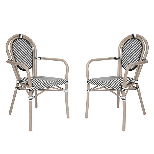 FLASH FURNITURE 2SDA6422ATXTBWL  2 Pack Marseille Indoor/Outdoor Commercial Thonet Bistro Stacking Chair with Arms, Textilene and Bamboo Print Aluminum Frame, Black & White/Light Natural Frame