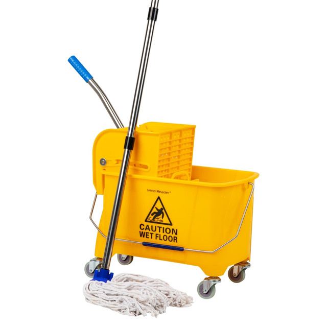 Keep your floors clean with the Mind Reader Bucket With Wringer And Mop Set. This set is made of plastic for durability, and it has non-marking caster wheels for easy mobility.  Made of durable plastic.  Upward press wringer offers ergonomic comfort.  Non-marking caster wheels provide increased mobility.  Compact size affords convenient storage.  Removable panel separates clean water from dirty water.