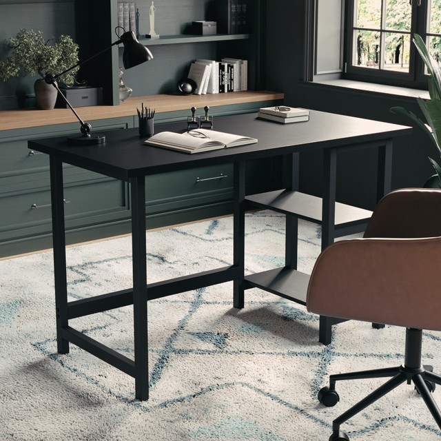 FLASH FURNITURE BLNFYHY1071BK Martha Stewart Beckett 47.5inW Home Office Trestle Computer Desk With Shelves, Black Wood Grain