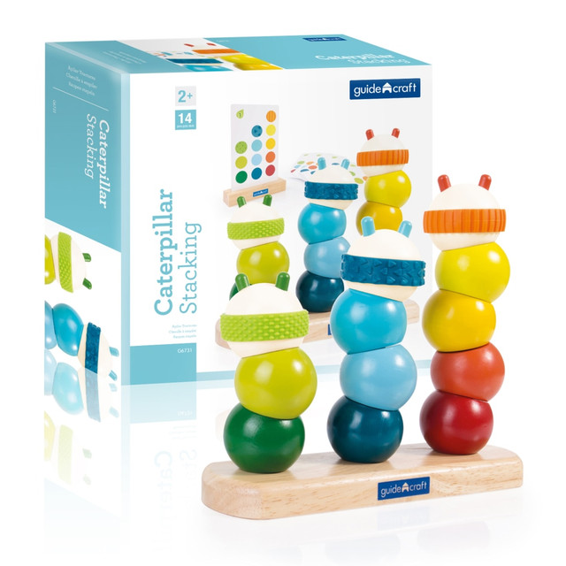 Kids will love sorting, stacking and matching with the Guidecraft Caterpillar Stacking toy. The activity offers a pegged base to allow multiple stacks at once, and the rounded shapes present a fun challenge.  Allows manipulative play through the stacking of chunky, rounded shapes.  Wood construction for durability.  Recommended for children in grades 2 to 12.  Pegged base for multiple stacks.  Comes with color-matching activity cards and a card stand.