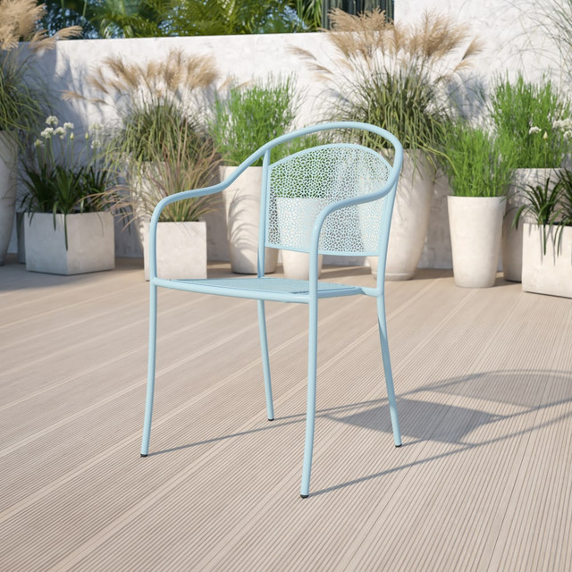 FLASH FURNITURE CO3SKY Oia Indoor/Outdoor Steel Patio Armchair with Round Back, Sky Blue FLASH FURNITURE CO3SKY Oia Indoor/Outdoor Steel Patio Armchair with Round Back, Sky Blue