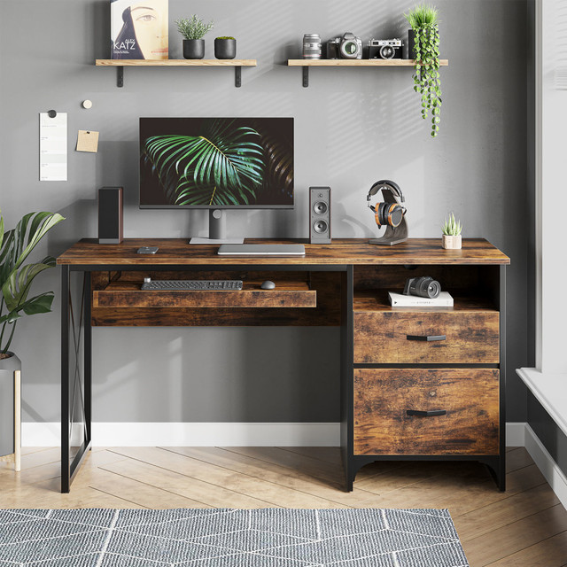 BESTIER D374Q-RST 56inW Office Desk With Drawers & Tray, Rustic Brown BESTIER D374Q-RST 56inW Office Desk With Drawers & Tray, Rustic Brown
