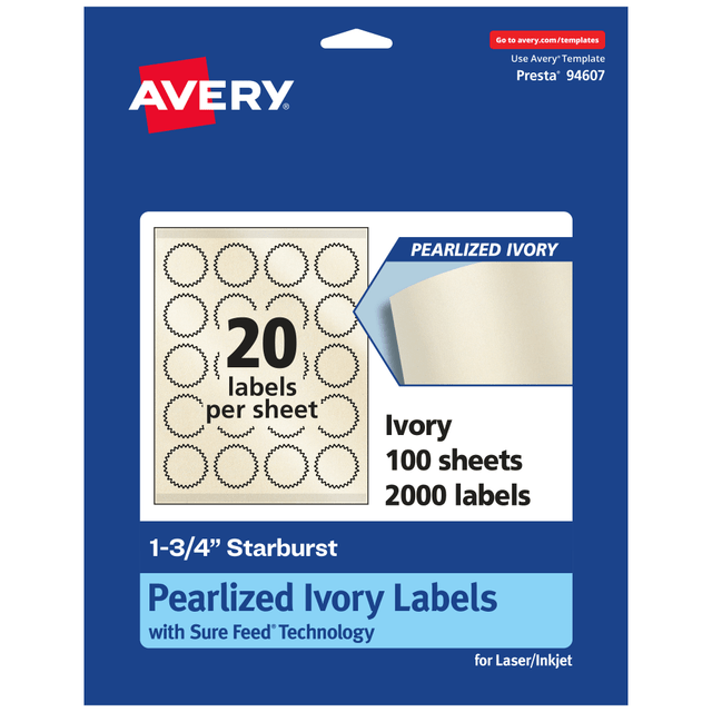 AVERY PRODUCTS CORPORATION 94607-PIP100 Avery Pearlized Permanent Labels With Sure Feed, 94607-PIP100, Starburst, 1-3/4in, Ivory, Pack Of 2,000 Labels AVERY PRODUCTS CORPORATION 94607-PIP100 Avery Pearlized Permanent Labels With Sure Feed, 94607-PIP100, Starburst, 1-3/4in, Ivory, Pack Of 2,000 Labels