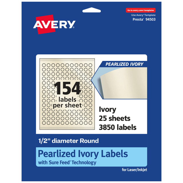 AVERY PRODUCTS CORPORATION 94503-PIP25 Avery Pearlized Permanent Labels With Sure Feed, 94503-PIP25, Round, 1/2in Diameter, Ivory, Pack Of 3,850 Labels AVERY PRODUCTS CORPORATION 94503-PIP25 Avery Pearlized Permanent Labels With Sure Feed, 94503-PIP25, Round, 1/2in Diameter, Ivory, Pack Of 3,850 Labels
