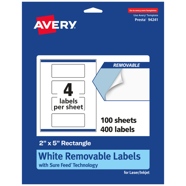 AVERY PRODUCTS CORPORATION 94241-RMP100 Avery Removable Labels With Sure Feed, 94241-RMP100, Rectangle, 2in x 5in, White, Pack Of 400 Labels