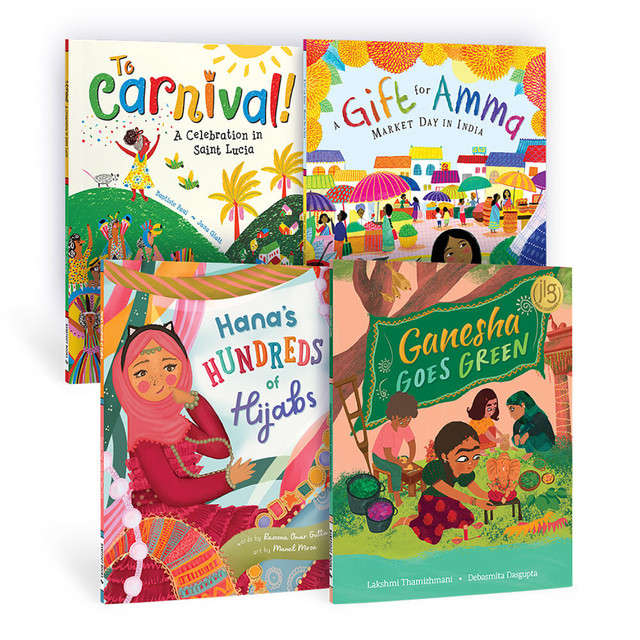 Introduce children to the diverse world around them with the Barefoot Books 1st Grade Authentic Stories/Diverse Book Bundle. The bundle includes To Carnival!, Ganesha Goes Green, A Gift for Amma and Hanas Hundreds of Hijabs. The books in the bundle feature characters and stories from diverse backgrounds.  Fun and engaging way to teach young learners about diversity and inclusivity in the world.  Includes To Carnival! [Kirkus Best Picture Books of the Year 2021 (9781646861620)], Ganesha Goes Green [Junior Library Guild Gold Standard Selection (9781646869985)], A Gift for Amma [Bank Streets Best Childrens Book of the Year 2021 (9781646860623)] and Hanas Hundreds of Hijabs [New York Public Library Fall 2022 Picks for Kids, Childrens Book Council Hot Off the Press Reading List 2022 (9781646866212)].  Soft cover books are ideal for children.  Features stories and main characters from diverse backgrounds.  Contributors have lived the experiences covered.  Ideal for 1st grade students.  Extra information is included at the back of each book, use to start conversations and group discussions.