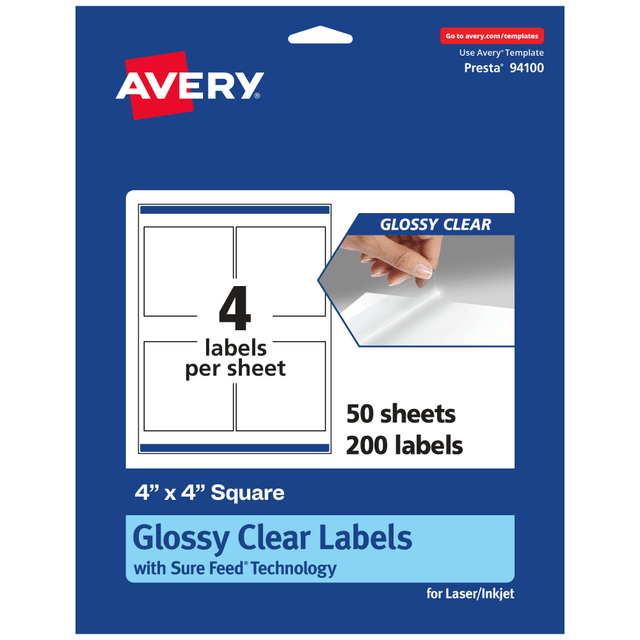 AVERY PRODUCTS CORPORATION 94100-CGF50 Avery Glossy Permanent Labels With Sure Feed, 94100-CGF50, Square, 4in x 4in, Clear, Pack Of 200 AVERY PRODUCTS CORPORATION 94100-CGF50 Avery Glossy Permanent Labels With Sure Feed, 94100-CGF50, Square, 4in x 4in, Clear, Pack Of 200