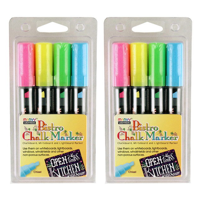 EDUCATORS RESOURCE UCH4834H-2 Marvy Uchida Bistro Chalk Markers, 8 Markers Total, Chisel Tip, Fluorescent Colors, 4 Markers Per Pack, Set Of 2 Packs EDUCATORS RESOURCE UCH4834H-2 Marvy Uchida Bistro Chalk Markers, 8 Markers Total, Chisel Tip, Fluorescent Colors, 4 Markers Per Pack, Set Of 2 Packs