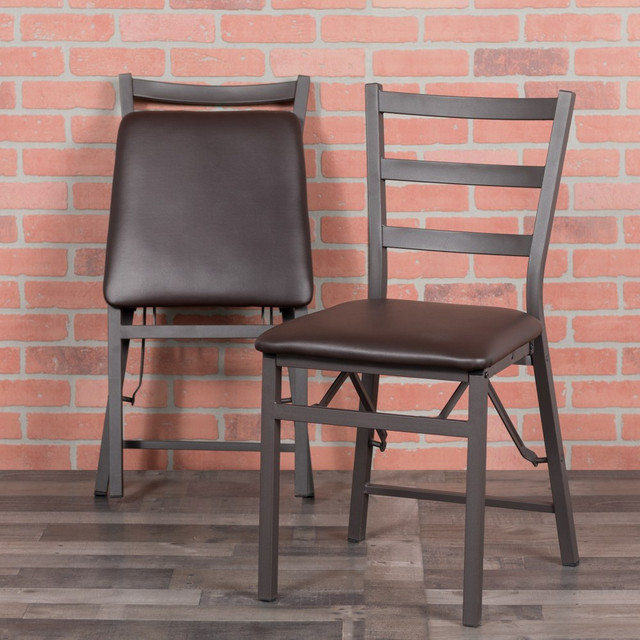 FLASH FURNITURE 2CY180841  HERCULES Series Metal/Vinyl Ladder-Back Folding Chairs, Brown, Pack Of 2 Chairs