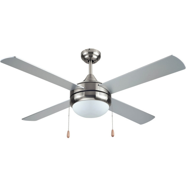 4 plywood blades with silver finish  Requires 2 x 13 watt E26 bulbs (bulbs sold separately)  52 in. diameter with brushed nickel finish  White frosted glass  Includes pull chain and manual  3-speed air flow rate: High 4,700 cfm/Medium 3,290 cfm/Low 1,880 cfm