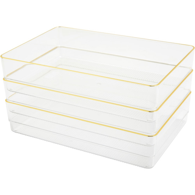 FLASH FURNITURE BEPB8974G3CGD Martha Stewart Kerry Plastic Stackable Office Desk Drawer Organizers, 2inH x 6inW x 9inD, Clear/Gold Trim, Pack Of 3 Organizers