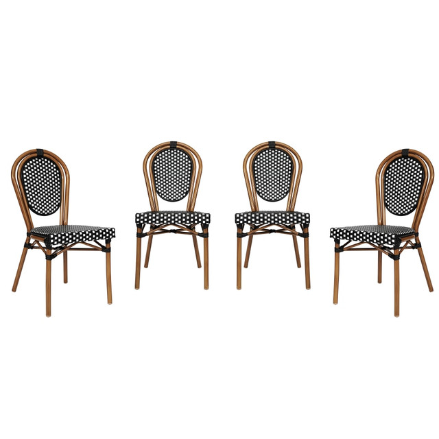 FLASH FURNITURE 4SDA6422SBWNAT  4 Pack Lourdes Indoor/Outdoor Commercial Thonet Bistro Stacking Chair, PE Rattan and Aluminum Frame, Black & White/Natural Frame