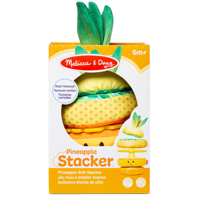 The Melissa & Doug Pineapple Soft Stacker is a delightful toy that engages babies with textures, sounds, and stacking fun. It features soft, squeezable rings, a textured plastic ring, and a crinkly topper, all built on a rattle-filled base. This toy encourages sensory exploration, fine motor skills, and problem-solving in infants six months and older.  5-piece stacker toy includes fabric-covered base with rattle, 2 squeezable rings, a textured plastic ring, and a topper with crinkle leaves and fabric ribbons  Sort, squeeze, shake, and stack the rings to encourage sensory, fine motor, and problem-solving skills  Engaging textures and sounds help infants discover the world around them  Promotes exploratory play and skill-building in infants, ages 6 months to 12 months  A great gift for hands-on, screen-free developmental play
