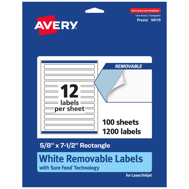 AVERY PRODUCTS CORPORATION 94119-RMP100 Avery Removable Labels With Sure Feed, 94119-RMP100, Rectangle, 5/8in x 7-1/2in, White, Pack Of 1,200 Labels
