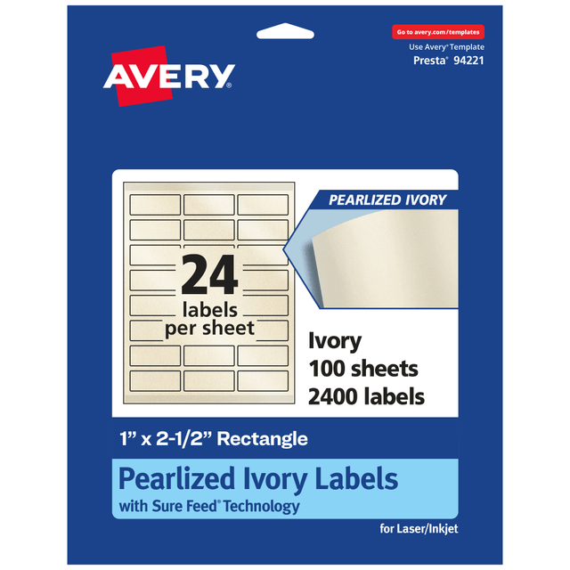 AVERY PRODUCTS CORPORATION 94221-PIP100 Avery Pearlized Permanent Labels With Sure Feed, 94221-PIP100, Rectangle, 1in x 2-1/2in, Ivory, Pack Of 2,400 Labels AVERY PRODUCTS CORPORATION 94221-PIP100 Avery Pearlized Permanent Labels With Sure Feed, 94221-PIP100, Rectangle, 1in x 2-1/2in, Ivory, Pack Of 2,400 Labels