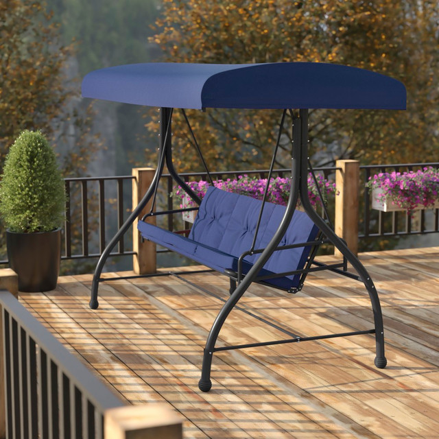 FLASH FURNITURE TLH007NV Tellis Steel 3-Seat Converting Outdoor Canopy Swing/Bed, Navy/Black FLASH FURNITURE TLH007NV Tellis Steel 3-Seat Converting Outdoor Canopy Swing/Bed, Navy/Black