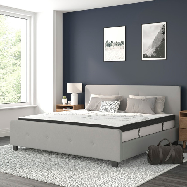 FLASH FURNITURE HGBM1028 Tribeca Tufted Upholstered Platform Bed with 10in CertiPUR-US Certified Foam and Pocket Spring Mattress, King, 40inH x 78-1/4inW x 85-1/4inL, Light Gray FLASH FURNITURE HGBM1028 Tribeca Tufted Upholstered Platform Bed with 10in CertiPUR-US Certified Foam and Pocket Spring Mattress, King, 40inH x 78-1/4inW x 85-1/4inL, Light Gray