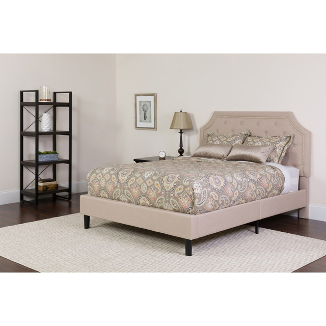 FLASH FURNITURE SLBMF3  Brighton Arched Tufted Upholstered Platform Bed And Memory Foam Pocket Spring Mattress, Queen, Beige