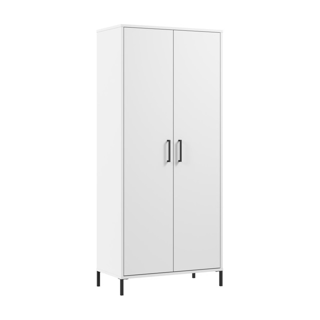 Choose the Bush Furniture Essence Tall Storage Cabinet with Doors for a versatile storage solution that meets your familys needs, beautifully fitting your home and budget with style and simplicity. This Tall Storage Cabinet with Doors makes a great addition to a home office, living room, entryway or any space where multifunctional storage is needed.  Tall Storage Cabinet with Doors makes a great addition to a home office, living room, entryway or any space where multifunctional storage is needed.  Versatile cabinet offers 2 fixed and 2 adjustable shelves for flexible storage.  Each shelf supports up to 50 lb.  Thoughtfully designed for maximum stability and includes an optional wall anchor for additional peace of mind.  Cabinet doors are equipped with smooth self-closing, Euro-style hinges for an effortless open and close and a perfect door alignment.  Modern storage cabinet features a crisp finish with elegant hardware and custom steel feet.  Spacious 3-15/16in clearance allows for easy access under furniture.  See the complete Essence Collection for coordinating items available.  Backed by the Bush Furniture 1-Year Manufacturers Warranty. For additional information, please visit http://www.bushfurniture.com/ReturnsExchanges.aspx  Assembly required.  Standard Delivery Service. Furniture is delivered unassembled.  This product is heavy and/or oversized and may need more than one person to handle.