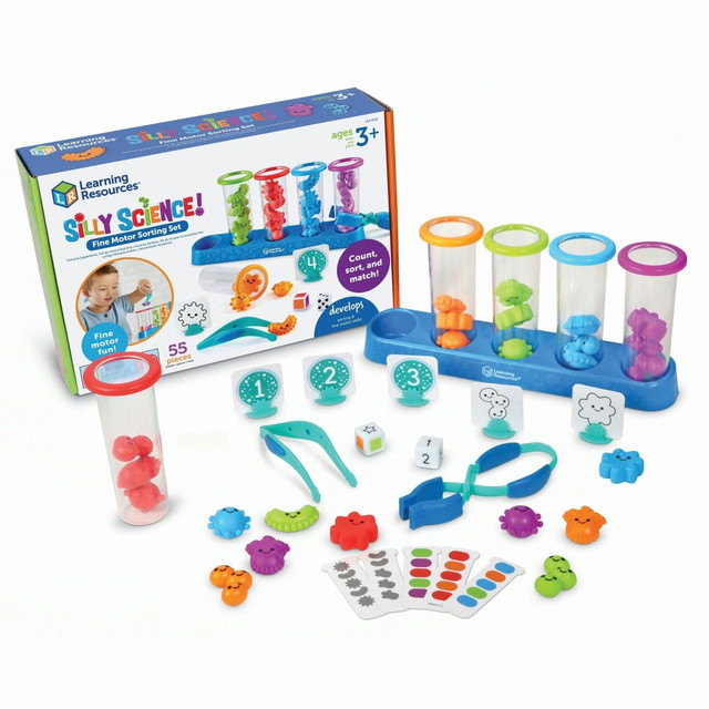 The Silly Science Fine Motor Sorting Set helps preschoolers develop fine motor skills while counting, sorting, and matching colorful germs in fun science-themed activities. Designed with vibrant colors and shapes, the set features two specialized fine motor tools to strengthen hand muscles and improve precision skills. This STEM toy encourages the development of early science skills through sorting, counting, and patterning activities, all while introducing basic lab vocabulary.  Explore early science skills through sorting colorful germs  Build new color, shape, and number skills with fun toddler activities  Strengthen hand muscles with the clamp and work on precision with the tweezers  Specially designed for 3-year-olds to support fine motor skill development  Includes 10 game cards for additional sorting and counting challenges  Made from durable, wipe-clean plastic  Great for introducing early lab tools and science vocabulary  Perfect gift for fostering learning and play at any stage