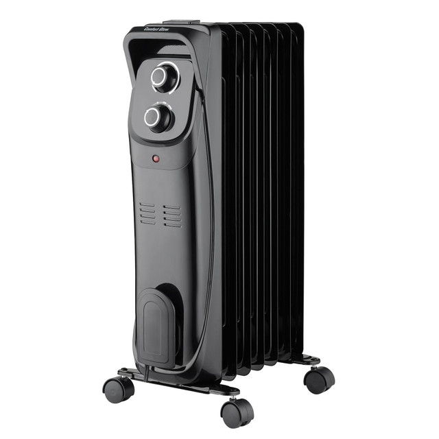 Heat areas up to 400 sq. ft. with a Comfort Glow 1,500-Watt 7-Fin Oil-Filled Heater With Thermostat. The thermostat is adjustable with 3 heat settings for versatile use. Transport the heater using the front and rear handles or the included wheel kit.  Made of aluminum for durablity.  Heats areas up to 400 sq. ft.  Adjustable thermostat features 600W, 800W and 1,500W settings.  Requires at least a 15-amp 120-volt 2-prong AC outlet.  Includes accidental overheat shutoff and safety-tip-over device features for safe use.  Front-mounted control panel offers easy access.  Easily transport with front and rear carrying handles and the included wheel kit.  Built-in cord wrap allows neat storage.