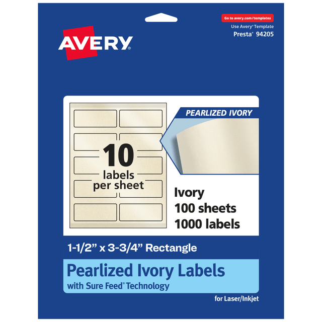 AVERY PRODUCTS CORPORATION 94205-PIP100 Avery Pearlized Permanent Labels With Sure Feed, 94205-PIP100, Rectangle, 1-1/2in x 3-3/4in, Ivory, Pack Of 1,000 Labels