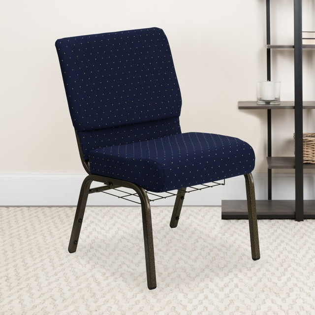 FLASH FURNITURE FCH2214GV810B  HERCULES Series Church Chair With Book Rack, Navy Blue Dot/Gold Vein