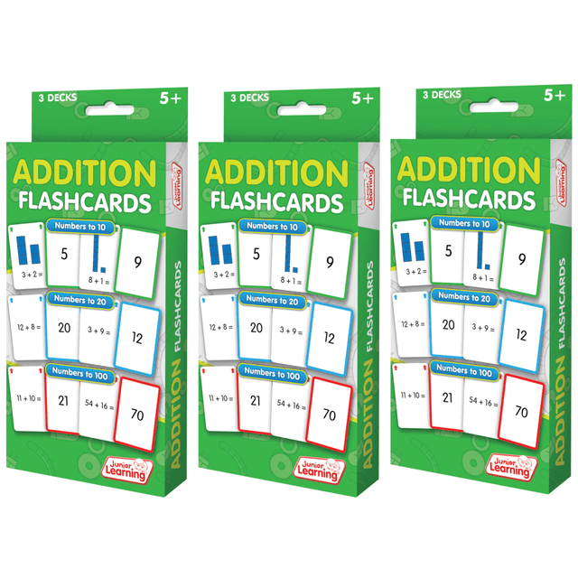 The Junior Learning Flashcards are great for young learners. These flashcards help teach addition with numbers to 10, to 20 and to 100.  Helps teach addition with numbers to 10, to 20 and to 100.  Includes a total of 486 cards.  For ages 3 and up.