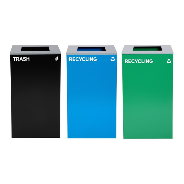 ADIR CORP. ALP4450-BLK-KIT17 Alpine Industries Stainless-Steel Open Top Recycling And Trash Can Set With Square Lids, 29 Gallons, 30inH x 16-15/16inW x 16-15/16inD, Black/Blue/Green, Set Of 3 Trash Cans