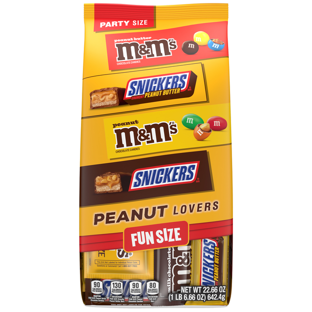 Stock up your pantry or break room with individually wrapped candies. The Mars Peanut Lovers Fun Size Party Pack features an assortment of chocolate candy for everyone to share.  Includes SNICKERS Original Milk Chocolate Candy Bars, SNICKERS Crunchy Peanut Butter Milk Chocolate Candy Bars, M&Ms Peanut and M&Ms Peanut Butter Candy.  Individually wrapped for sharing.  Ideal for gatherings, public spaces and parties.