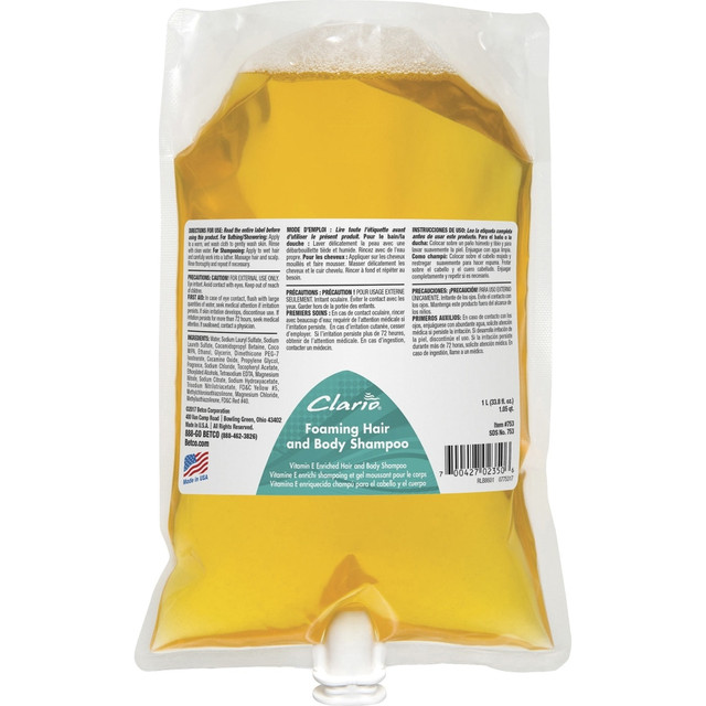 BETCO CORPORATION 7532900 Betco Clario Foaming Hand, Hair and Body Shampoo Refill - Fresh Neutral Scent - 33.8 fl oz (1000 mL) - Hair, Body, Skin - Gold - Moisturizing - Pleasant Scent - 1 Each BETCO CORPORATION 7532900 Betco Clario Foaming Hand, Hair and Body Shampoo Refill - Fresh Neutral Scent - 33.8 fl oz (1000 mL) - Hair, Body, Skin - Gold - Moisturizing - Pleasant Scent - 1 Each
