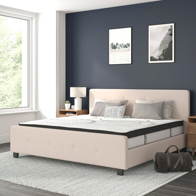 FLASH FURNITURE HGBM1020  Tribeca Tufted Upholstered Platform Bed with 10in CertiPUR-US Certified Foam and Pocket Spring Mattress, King, 40inH x 78-1/4inW x 85-1/4inL, Beige