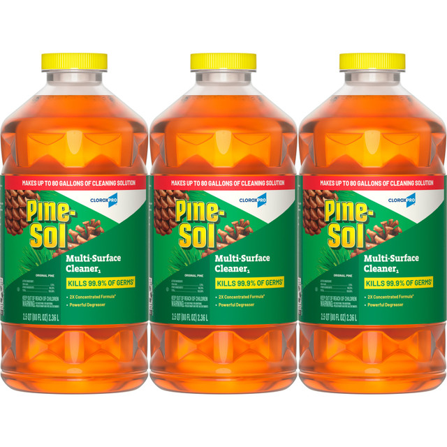 With Pine-Sol Multi-Surface Cleaner from CloroxPro, you only need one product to fight tough dirt, grease and grime. A 2X concentrated formula** delivers more cleaning power per drop than previous Pine-Sol Pine formula. Easier to handle and easier to store, the space saving bottle gives you more cleaning solution in a smaller bottle made of 30% less plastic***. This multipurpose cleaner cleans, deodorizes and disinfects in one step, killing 99.9% of germs**** and leaving a classic pine scent. It cuts through grime and soap scum and is safe for use on wood, tile, stone, glass and more when used as directed on hard nonporous surfaces. Do not use on marble, aluminum, copper or wood that is unfinished, unsealed, unpainted, waxed, oiled or worn. *When used as directed on hard nonporous surfaces. **Vs. Original Pine-Sol Multi-Surface Cleaner. ***Vs previous Pine-Sol 144 ounce bottle. ****Salmonella enterica, Staphylococcus aureus, Influenza A virus and SARS-CoV-2 (Cause of COVID-19).  2X CONCENTRATED FORMULA**: This 2X concentrated formula** makes up to 80 gallons of ready to use cleaning solution, for more cleaning power per drop  KILLS 99.9% OF GERMS****: Fight germs with Pine-Sol Multi-Surface Cleaner that disinfects both neat and diluted when used as directed on hard nonporous surfaces  NO STICKY RESIDUE: This multipurpose cleaner cleans without leaving a sticky residue and is safe for use on stainless steel, vinyl, laminate, linoleum, chrome and more  MULTIPURPOSE CLEANER: Cuts through tough grease, grime, dirt and soap scum while leaving behind a classic fresh scent of pine for your toughest messes  Antimicrobial is an agent that kills microorganisms or stops their growth.