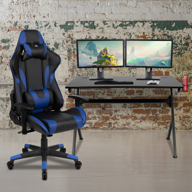 FLASH FURNITURE BLNX20D1904BL Gaming Desk And Reclining Chair Set With Cup Holder, Headphone Hook & 2 Wire Management Holes, Blue FLASH FURNITURE BLNX20D1904BL Gaming Desk And Reclining Chair Set With Cup Holder, Headphone Hook & 2 Wire Management Holes, Blue