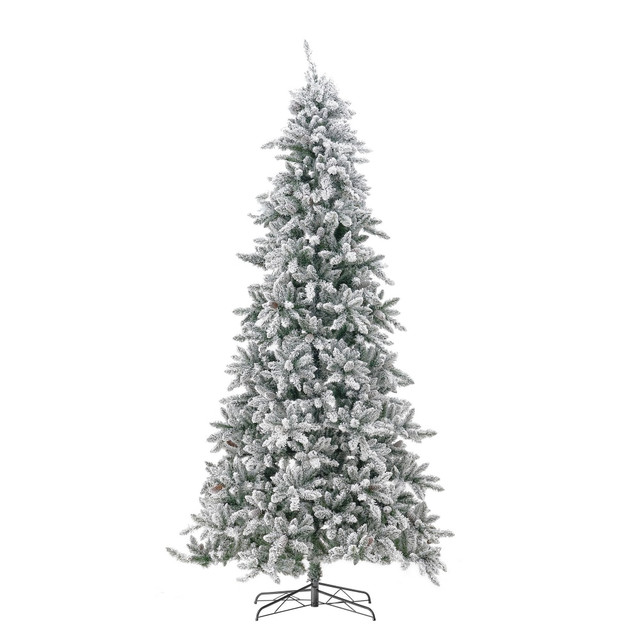 NEARLY NATURAL INC. T4536 Nearly Natural Flocked Livingston Fir 120inH Artificial Christmas Tree With Pine Cones, LED Lights And Bendable Branches, 120inH x 30inW x 30inD, Green