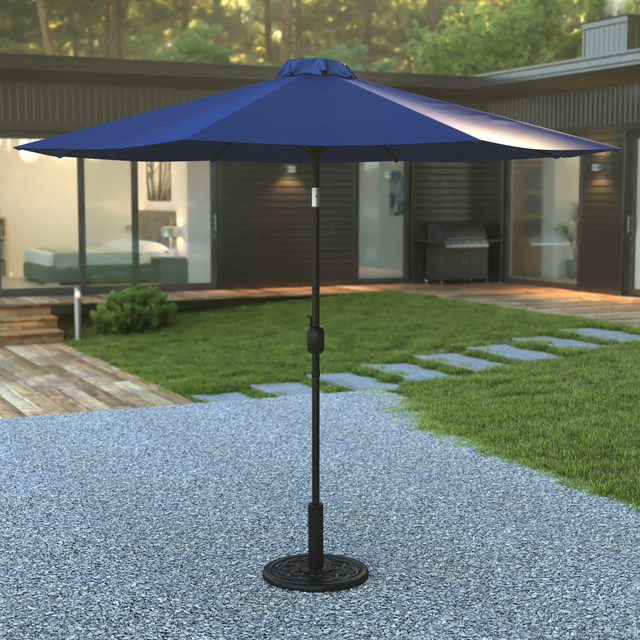 FLASH FURNITURE GM402003UB19BNV  Kona Round Umbrella With Standing Umbrella Base, 101-1/4inH x 104-1/2inW x 104-1/2in, Navy