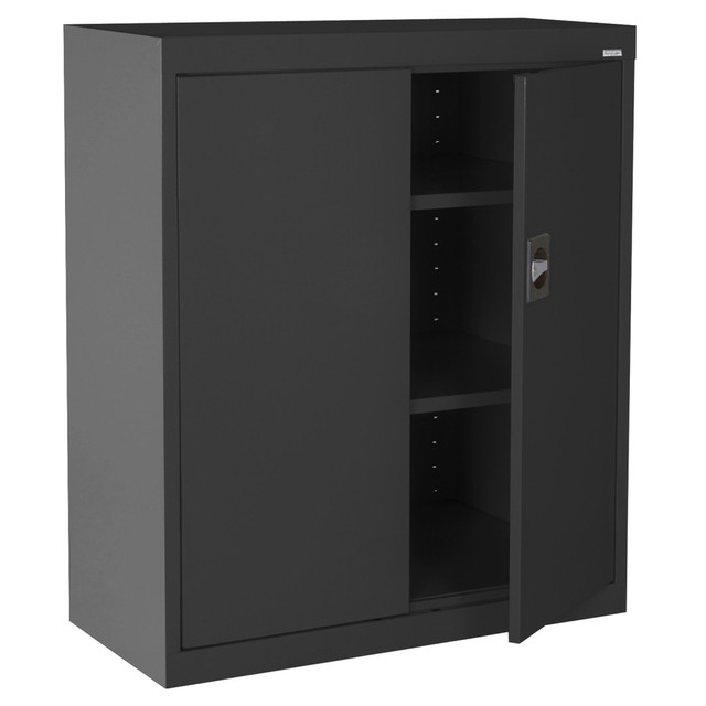 Manage your space with help from this storage cabinet. The cabinet comes with 3 shelves, allowing you the flexibility you need to create space for your things.  22 gauge, welded steel cabinet offers strong construction and a chip- and corrosion-resistant powder-coated finish.  Features 3 shelves, 2 of which are adjustable to suit your needs.  Reinforced door stiffener panels provide rigidity.  Recessed handle sports a 3-point locking system for security.  Weight capacity tested to support 600 lb.  Weight capacity per shelf tested to support 200 lb.  Save time - no assembly required.  This product is heavy and/or oversized and may need more than one person to handle.
