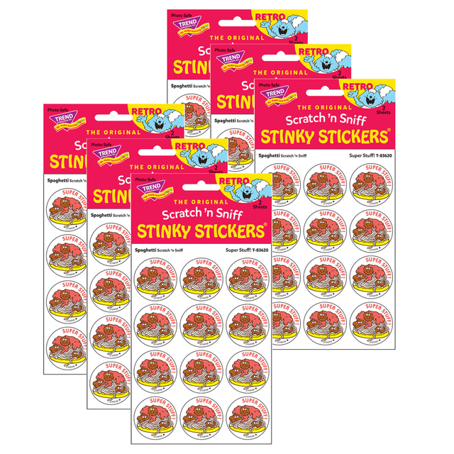 Experience a classic with the Trend Retro Scratch N Sniff Stinky Stickers. The scratchable surfaces release a unique aroma, and the self-adhesive backing ensures each sticker easily attaches to most surfaces.  Scratchable surface releases a unique aroma.  Self-adhesive backing enables secure attachment.  Photo-safe.  Acid-free and non-toxic.  Each pack contains 24 stickers for a total of 144 stickers.  Spaghetti scent creates a fun smell.