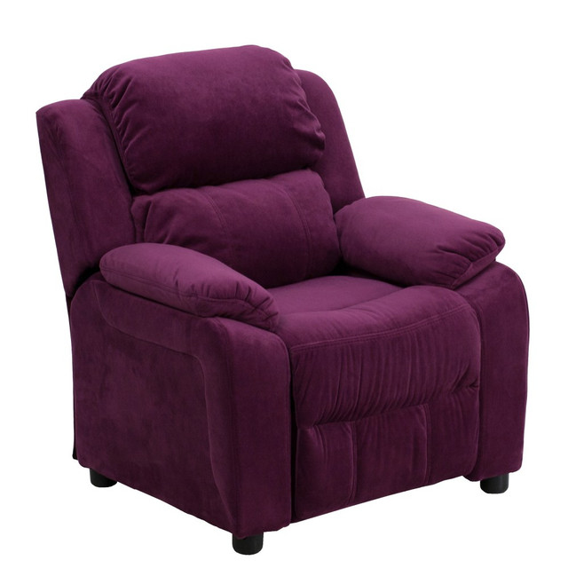 FLASH FURNITURE BT7985KIDMICPUR  Deluxe Padded Contemporary Microfiber Kids Recliner Accent Chair With Storage Arms, Purple