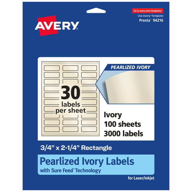 AVERY PRODUCTS CORPORATION 94216-PIP100 Avery Pearlized Permanent Labels With Sure Feed, 94216-PIP100, Rectangle, 3/4in x 2-1/4in, Ivory, Pack Of 3,000 Labels AVERY PRODUCTS CORPORATION 94216-PIP100 Avery Pearlized Permanent Labels With Sure Feed, 94216-PIP100, Rectangle, 3/4in x 2-1/4in, Ivory, Pack Of 3,000 Labels