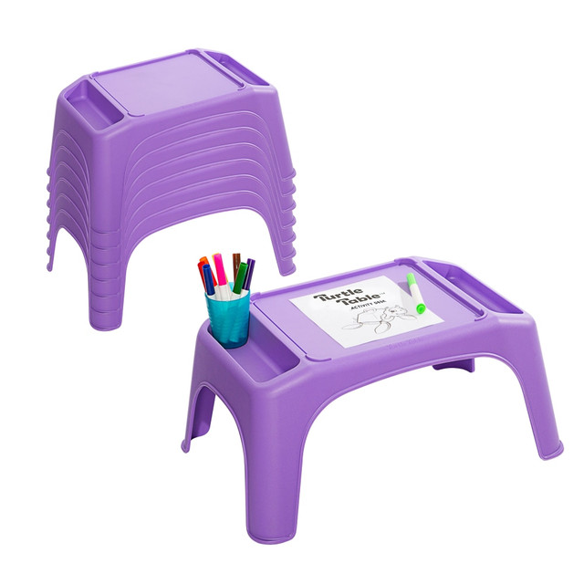 Create a work space, play area or craft spot in your classroom with a LapGear Turtle Table. This dynamic table boasts 2 built-in storage wells for art supplies, games, toys, paperwork and other essentials.  Made from durable polypropylene.  Boasts 2 built-in storage wells.  Features an interior channel.  Stack and store design to conserve space.  Surface is easy to clean.  Weight capacity tested to support 150 lb.  Backed by the manufacturers 5-year limited warranty.