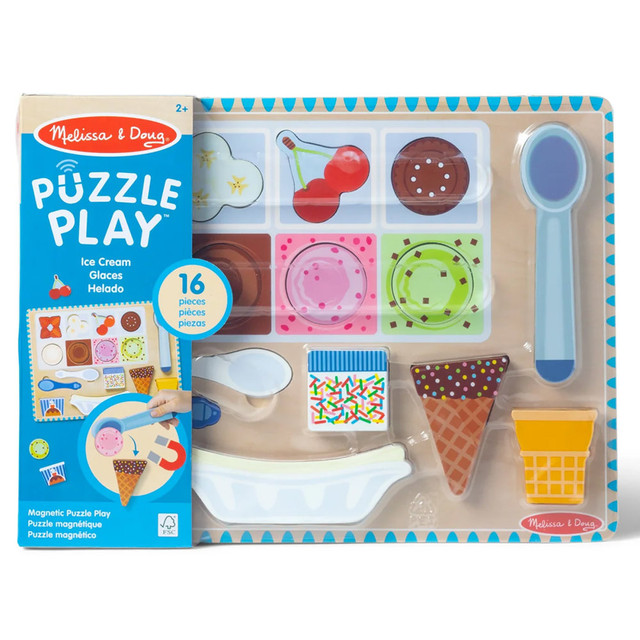 Serve ice cream and learn while doing so with the Melissa & Doug Wooden Magnetic Ice Cream Puzzle & Play Set. This set supports puzzle play and pretend play, and it helps promote fine motor and problem-solving skills.  Supports puzzle play and pretend play.  Helps promote fine motor and problem-solving skills.  Includes ice cream scoops, toppings, cones, containers, spoons and scooper.