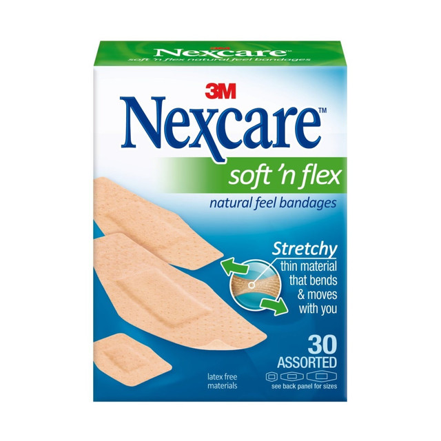 3M CO 57630PB Nexcare Soft N Flex Fabric Bandages, Assorted Sizes, Tan, Box Of 30