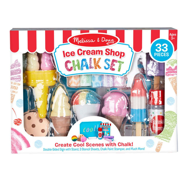 Create vibrant scenes with colorful chalk shaped like delicious desserts! This 33-piece playset includes chalk in the shapes of cupcakes, cookies, candles, and more, perfect for drawing on sidewalks, driveways, or chalkboards. With stencils, a sprinkle stamper, and a "menu" of fun activities, kids ages 3 to 12 can enjoy endless creative play while building fine motor skills.  Includes 33 pieces of chalk in fun dessert shapes like cupcakes, donuts, and frosting  Features a sprinkle stamper for making chalk paint and a multi-colored slice of cake for rainbow lines  Comes with 3 extra-thick stencil sheets for tracing shapes  Includes a double-sided sign with holder for horizontal or vertical displays  Ideal for use on sidewalks, driveways, chalkboards, or the included sign  Promotes fine motor skills, color recognition, and imaginative play  Suitable for kids ages 3 to 12 and makes a great hands-on, screen-free gift