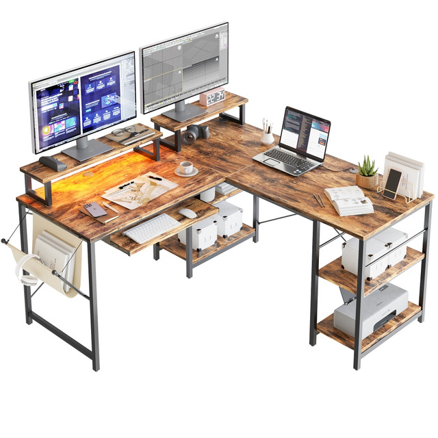 BESTIER D505R-RST 59inW L-Shaped Corner Desk With Monitor Stand, Storage Shelf, Side Pocket, Tray, Rustic Brown BESTIER D505R-RST 59inW L-Shaped Corner Desk With Monitor Stand, Storage Shelf, Side Pocket, Tray, Rustic Brown